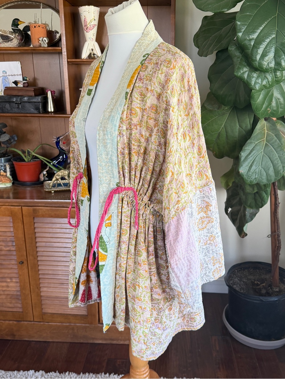Kantha Bae Dreamweaver Vintage Cotton Sari Pastel Cinch Kimono OS - Picture 12 of 16